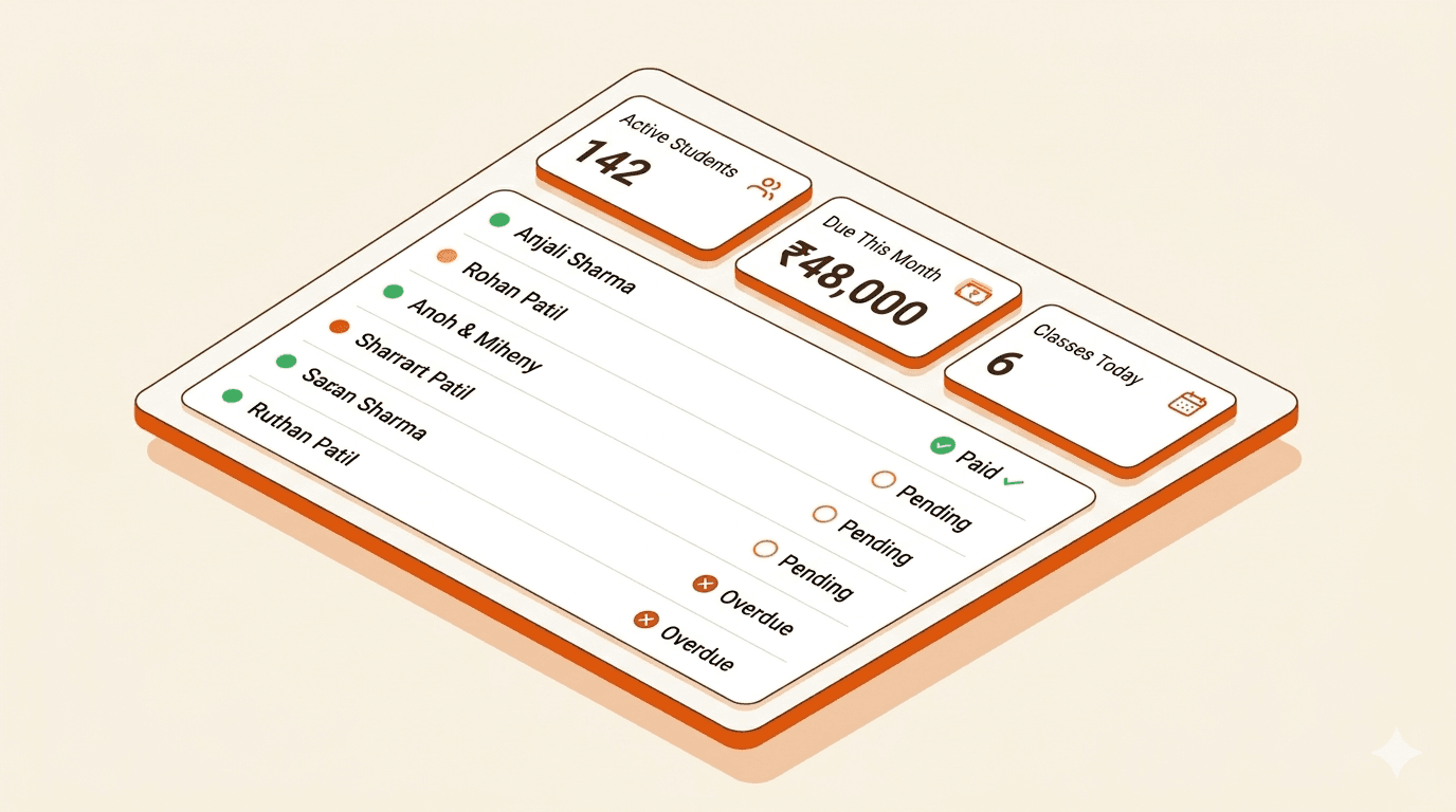 Centrl Studio dashboard — 142 active students, ₹48,000 due this month, 6 classes today