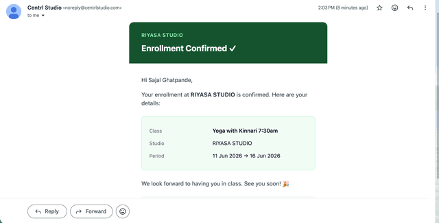 Enrollment confirmation email sent automatically to students