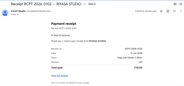 Payment receipt email sent automatically to students