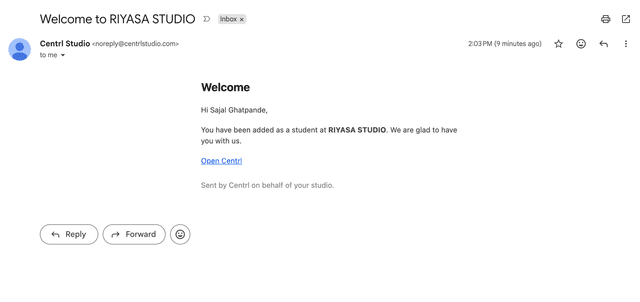 Welcome email sent automatically when a new student joins