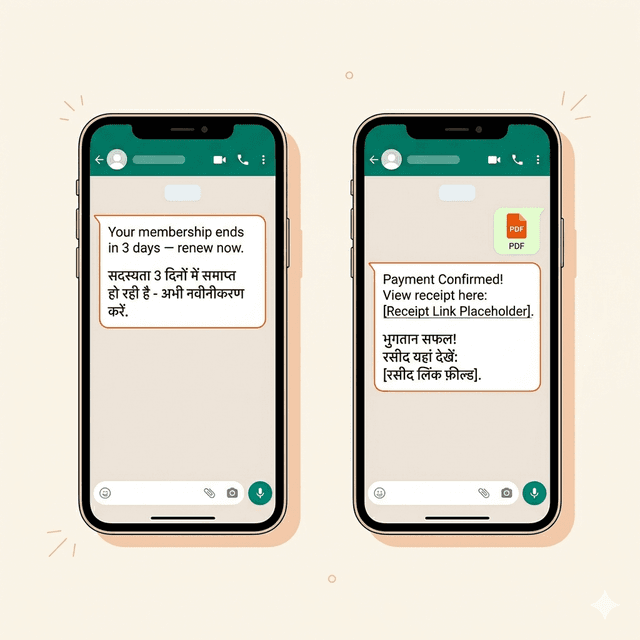 WhatsApp renewal reminder and payment confirmation messages sent automatically