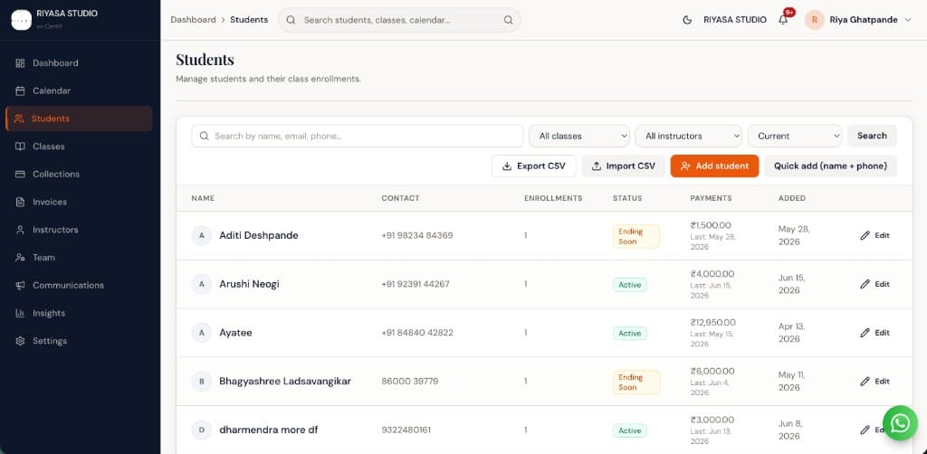 Gym member management in Centrl Studio with payment tracking
