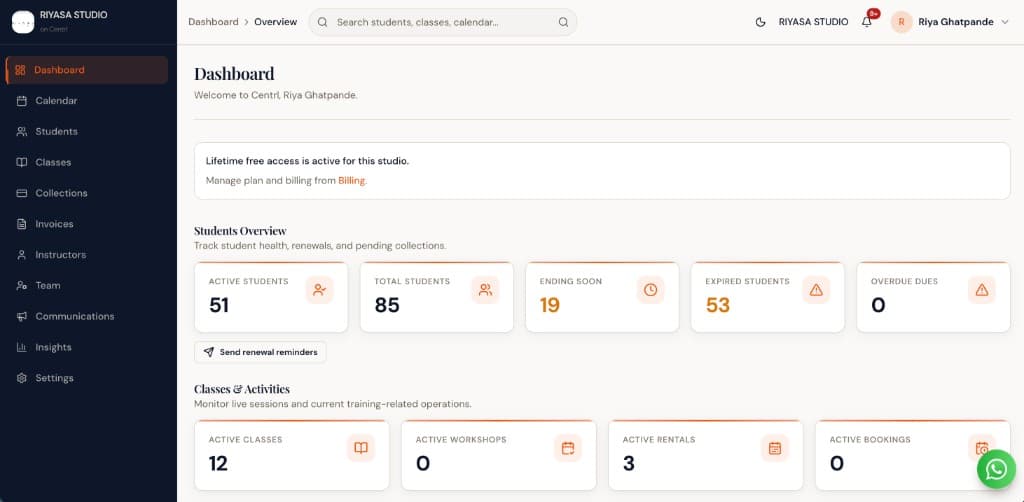 Gym management dashboard in Centrl Studio with member metrics