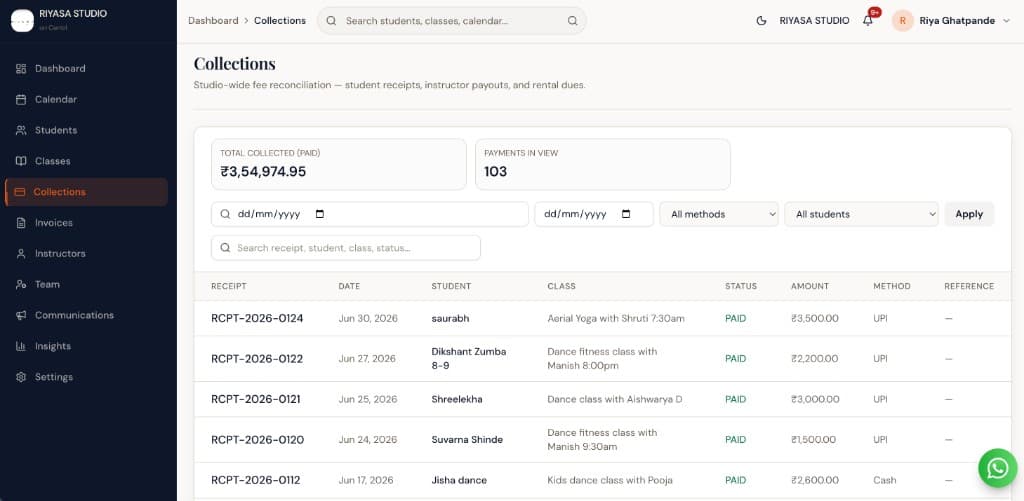 Gym fee collections in Centrl Studio with receipt IDs