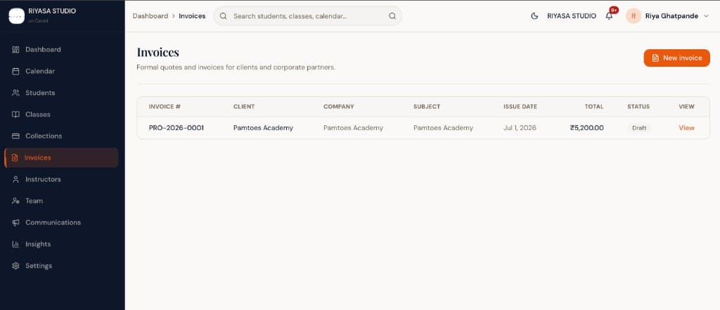 Invoice management in Centrl Studio with GST totals